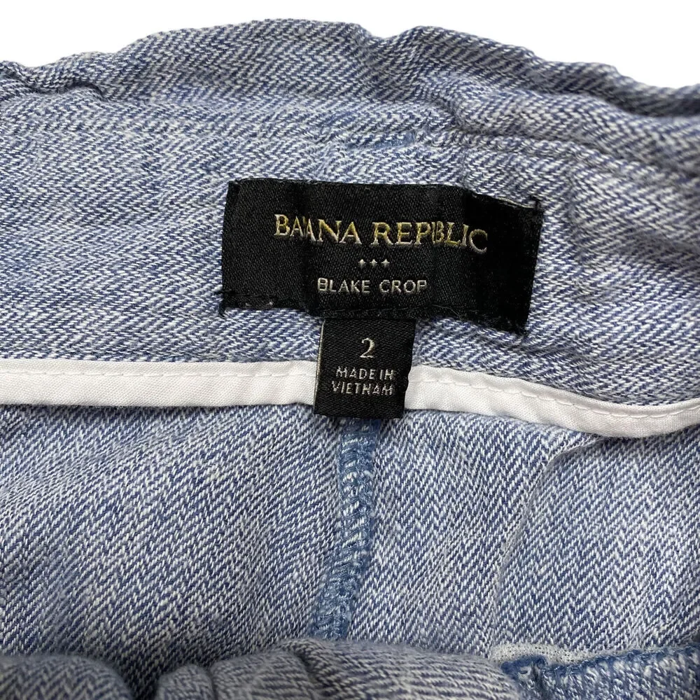 BANANA REPUBLIC Blake Crop Wide Leg Linen Blend Pant Blue Chevron Size 2 Womens